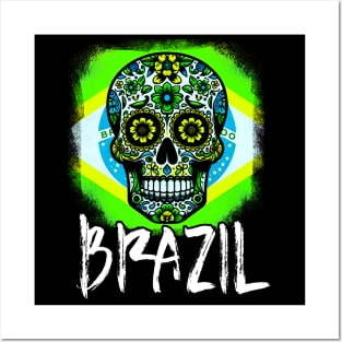 Brazil Sugar Skull Dia de los Muertos with Brazilian Flag Posters and Art